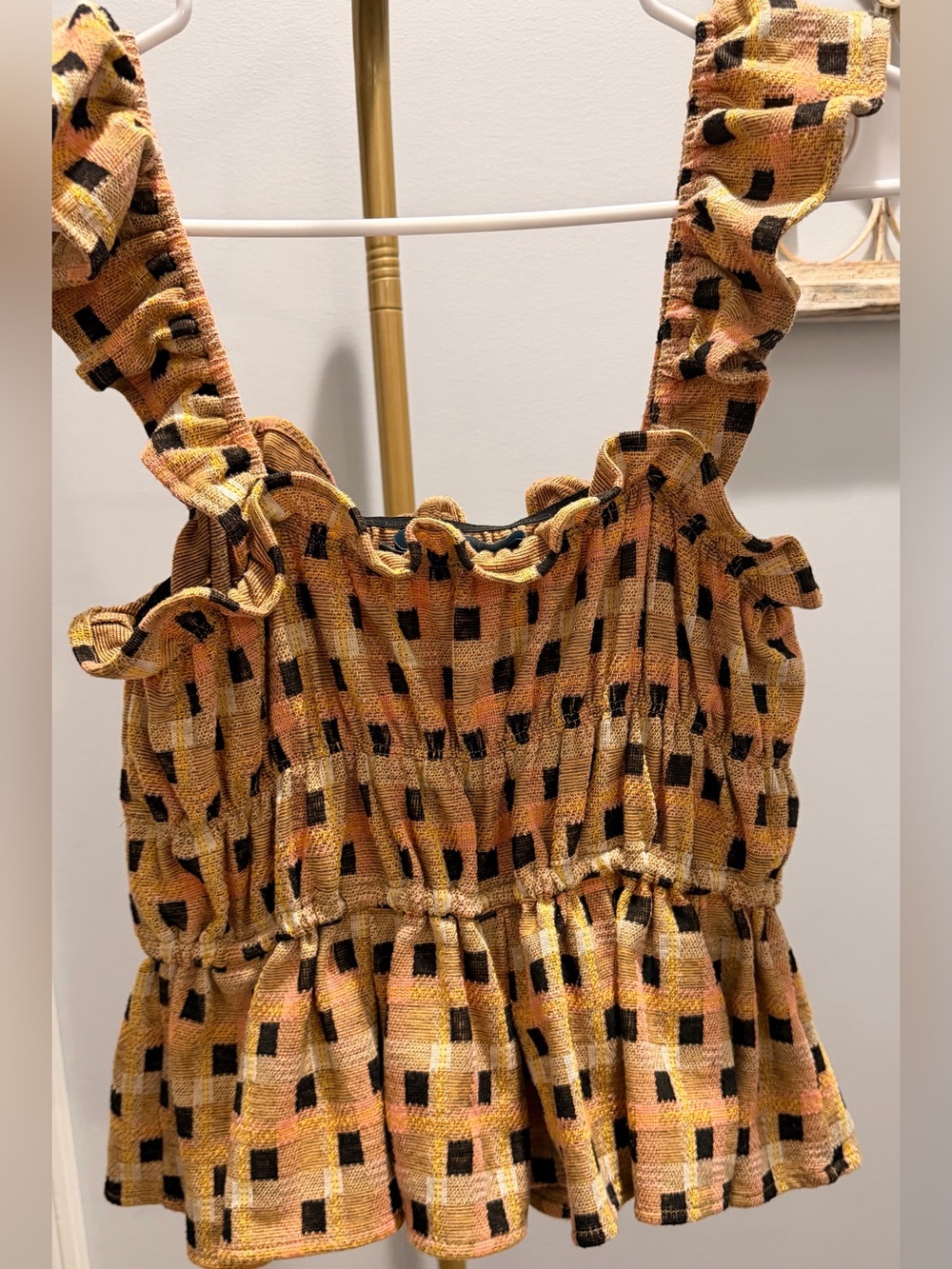 Eva Franco Mustard and Black Textured Ruffle Tank